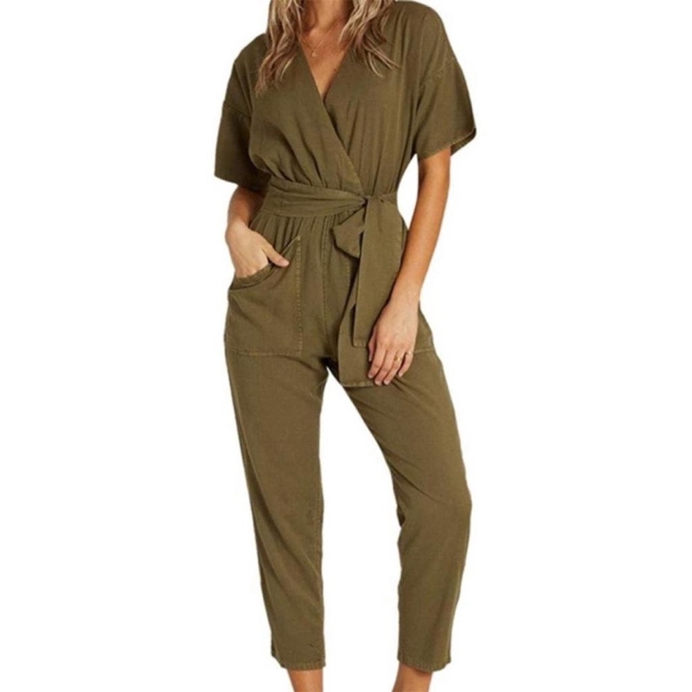 Billabong Olive Wrap Short-Sleeve Tie-Waist Jumpsuit
